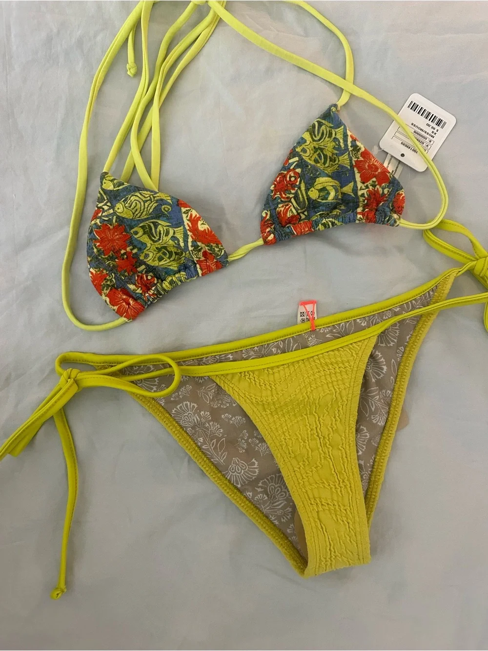 Free People Two-Piece String Bikini - Lime Green with Floral Print